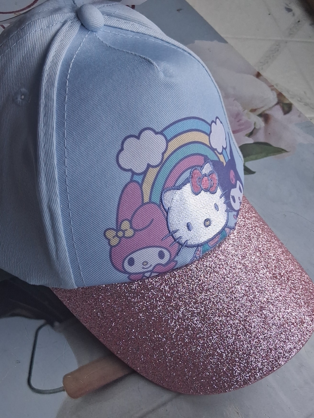 Sanrio Light Blue Cap with Pink Glitter Visor featuring Hello Kitty & Friends